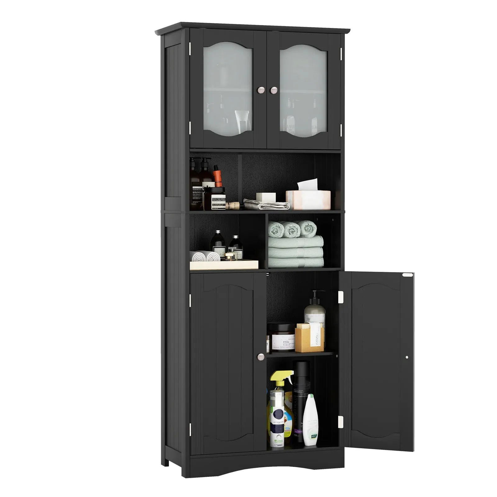 148cm Tall Bathroom Cabinet Storage Cabinet with Glass Doors-Black