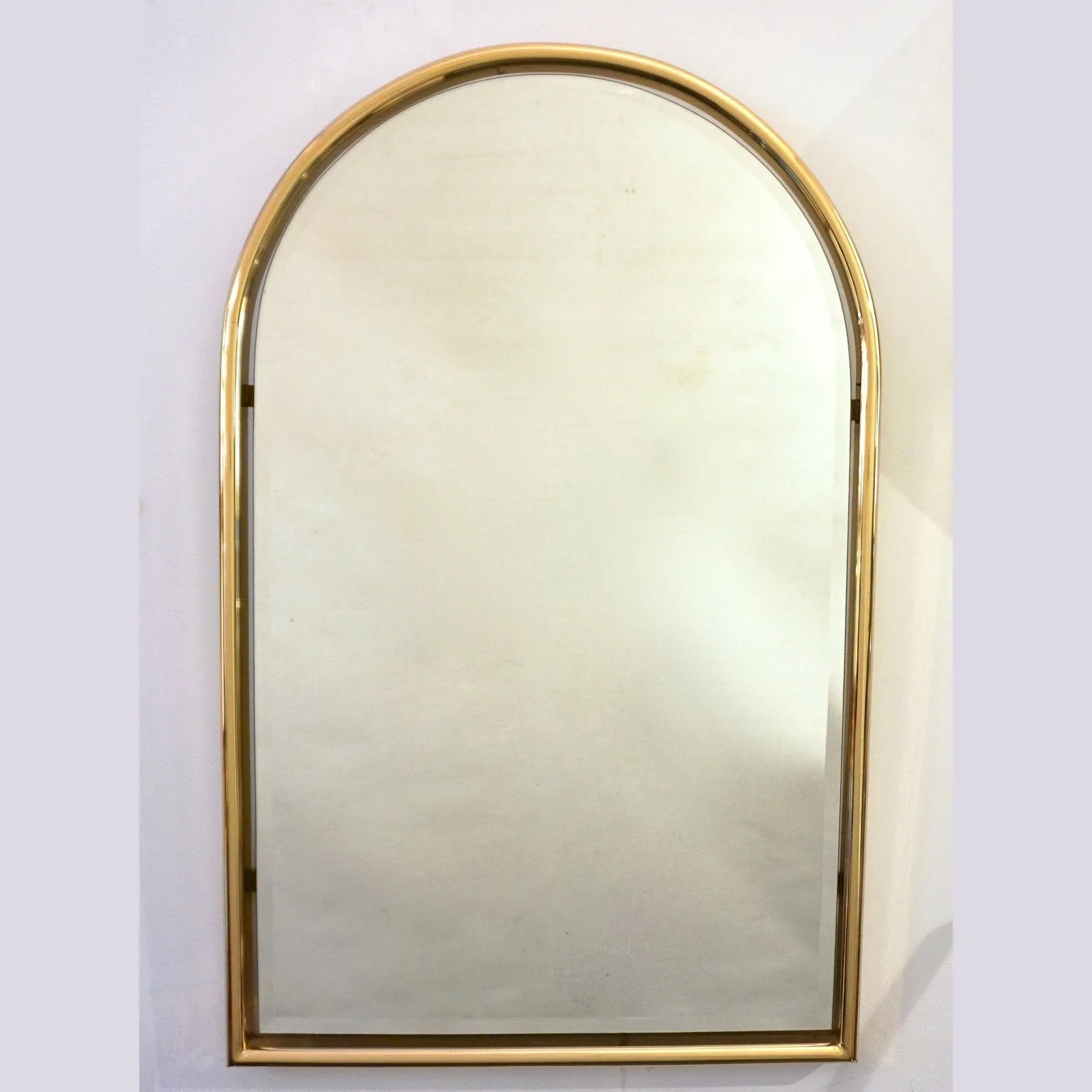 1960s Italian Minimalist Brass Full Floating Mirror with Round Arched Top Frame