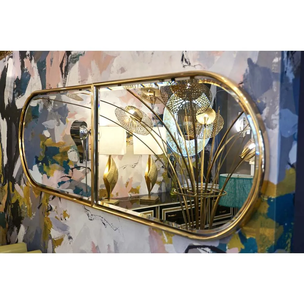 1960s Italian Minimalist Brass Full Floating Mirror with Round Arched Top Frame