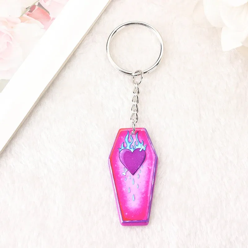 1Pc Halloween Punk Acrylic Keychain - Woman with Moth Coffin Design, Ideal for Car Mirrors or Handbags, Unique Birthday Gift