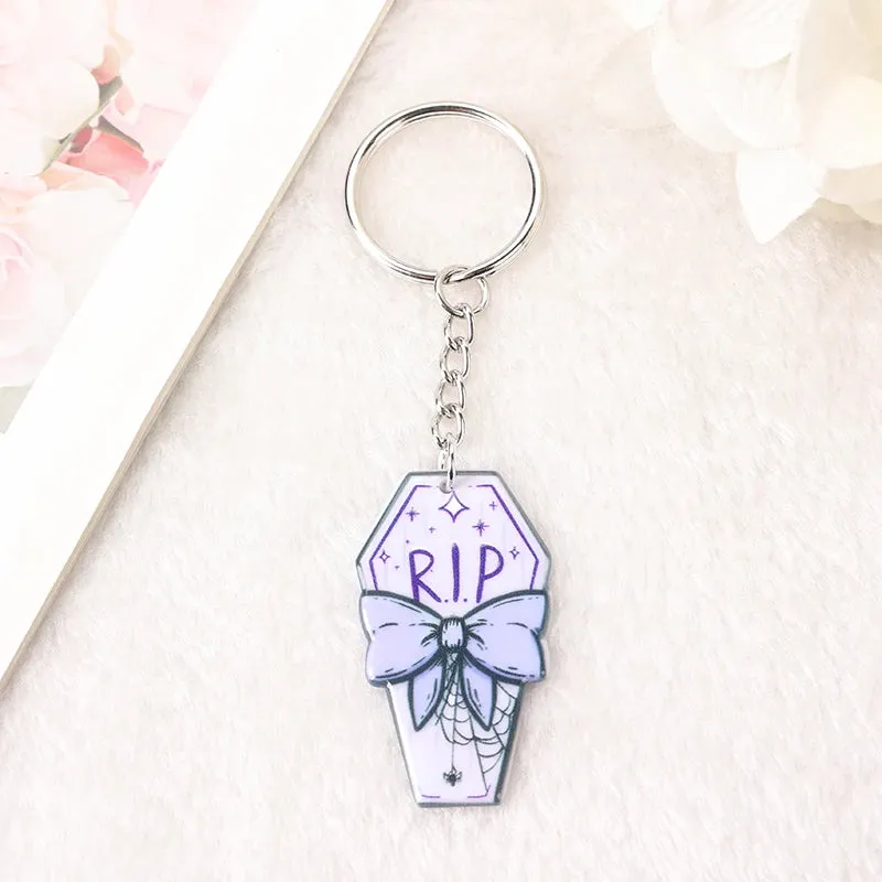 1Pc Halloween Punk Acrylic Keychain - Woman with Moth Coffin Design, Ideal for Car Mirrors or Handbags, Unique Birthday Gift