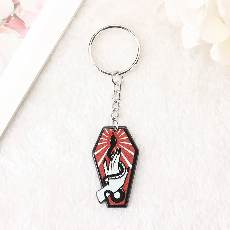 1Pc Halloween Punk Acrylic Keychain - Woman with Moth Coffin Design, Ideal for Car Mirrors or Handbags, Unique Birthday Gift