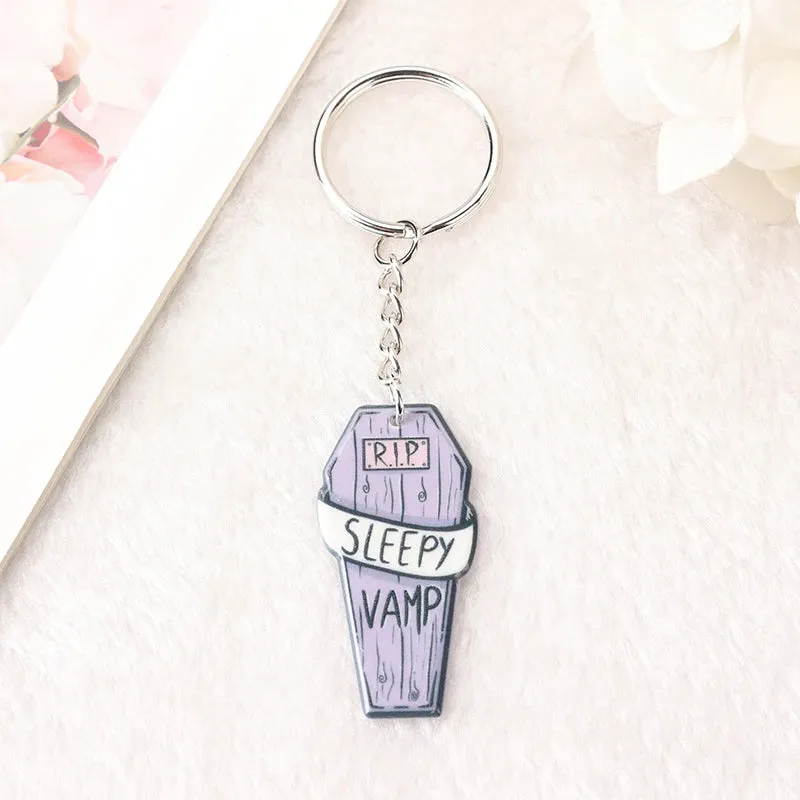 1Pc Halloween Punk Acrylic Keychain - Woman with Moth Coffin Design, Ideal for Car Mirrors or Handbags, Unique Birthday Gift