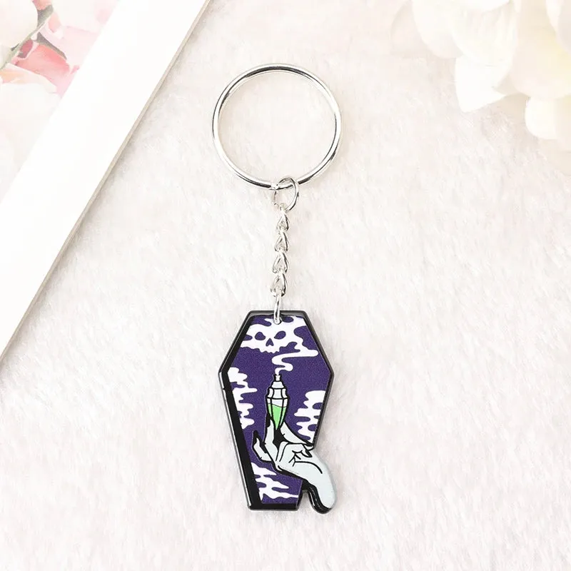 1Pc Halloween Punk Acrylic Keychain - Woman with Moth Coffin Design, Ideal for Car Mirrors or Handbags, Unique Birthday Gift