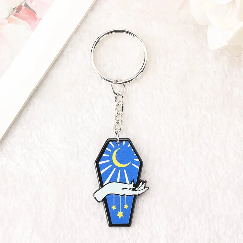 1Pc Halloween Punk Acrylic Keychain - Woman with Moth Coffin Design, Ideal for Car Mirrors or Handbags, Unique Birthday Gift