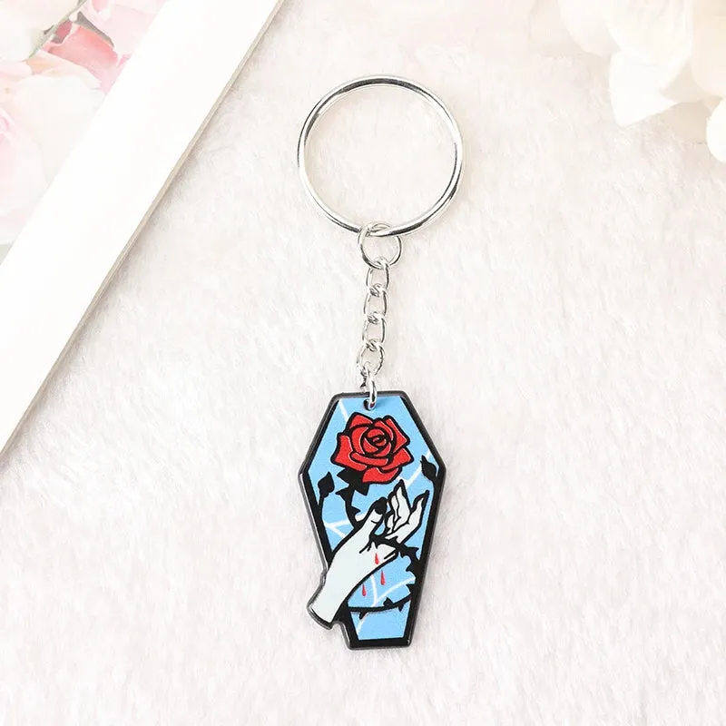 1Pc Halloween Punk Acrylic Keychain - Woman with Moth Coffin Design, Ideal for Car Mirrors or Handbags, Unique Birthday Gift