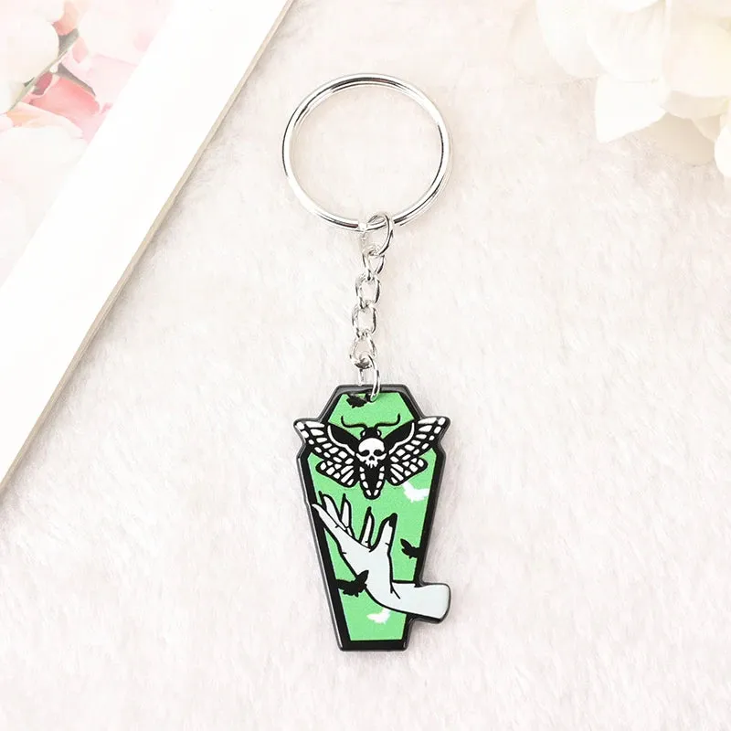 1Pc Halloween Punk Acrylic Keychain - Woman with Moth Coffin Design, Ideal for Car Mirrors or Handbags, Unique Birthday Gift