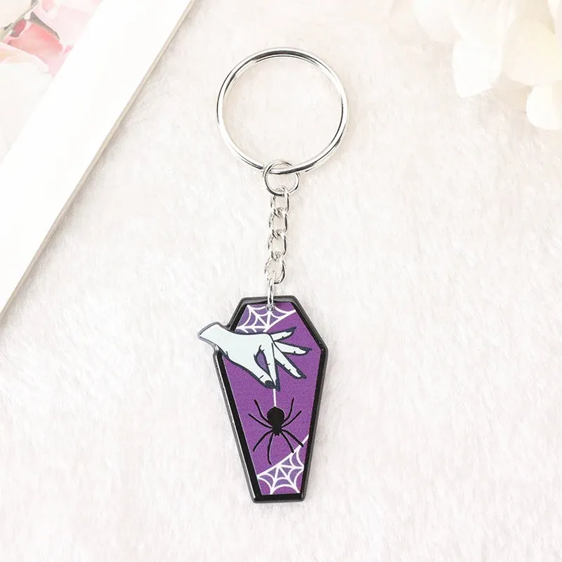 1Pc Halloween Punk Acrylic Keychain - Woman with Moth Coffin Design, Ideal for Car Mirrors or Handbags, Unique Birthday Gift
