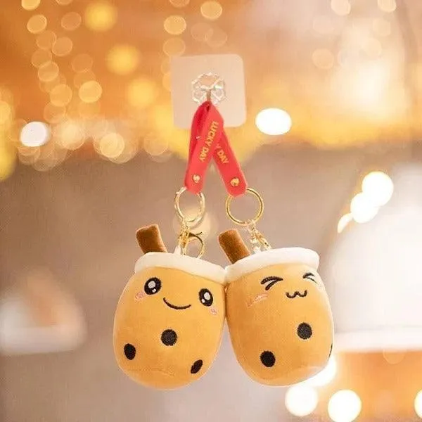 3 pcs Set Bubble Tea Round Cup Shape Soft Plush with strap Cute Boba Keychains