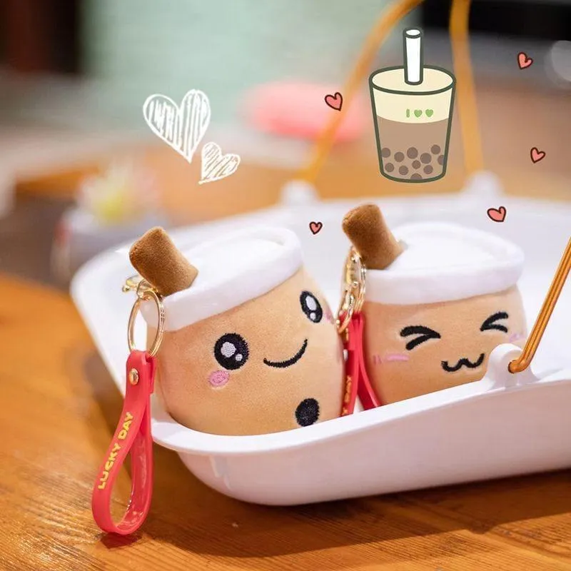 3 pcs Set Bubble Tea Round Cup Shape Soft Plush with strap Cute Boba Keychains