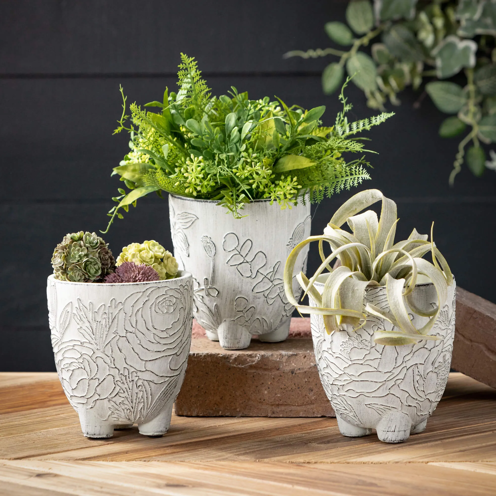 5.5"H Sullivans Medium Floral Line Art Pots Set of 3, Gray