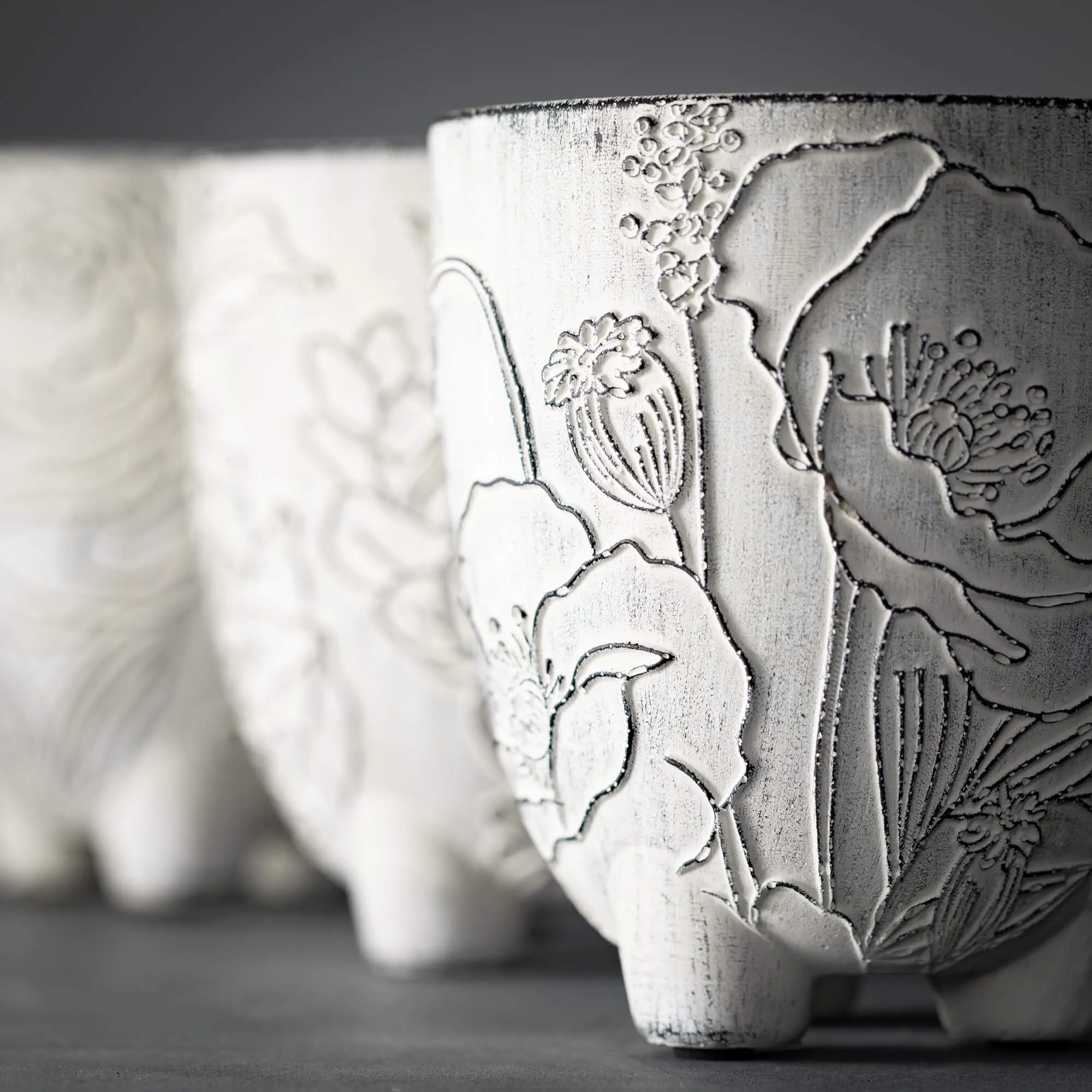 5.5"H Sullivans Medium Floral Line Art Pots Set of 3, Gray