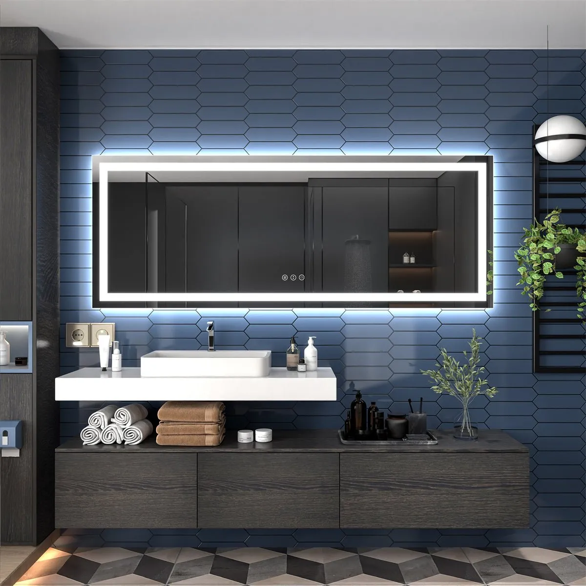 Apex 84" W x 32" H LED Bathroom Large Light Led Mirror,Anti Fog,Dimmable,Dual Lighting Mode,Tempered Glass