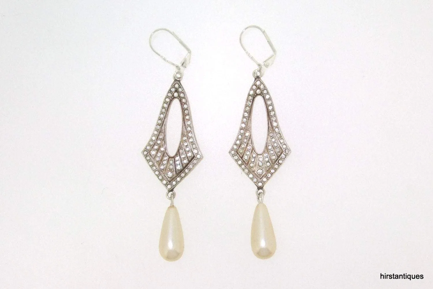 Art Deco Pearl Drop Hoop Earrings Vintage Bride  Wedding