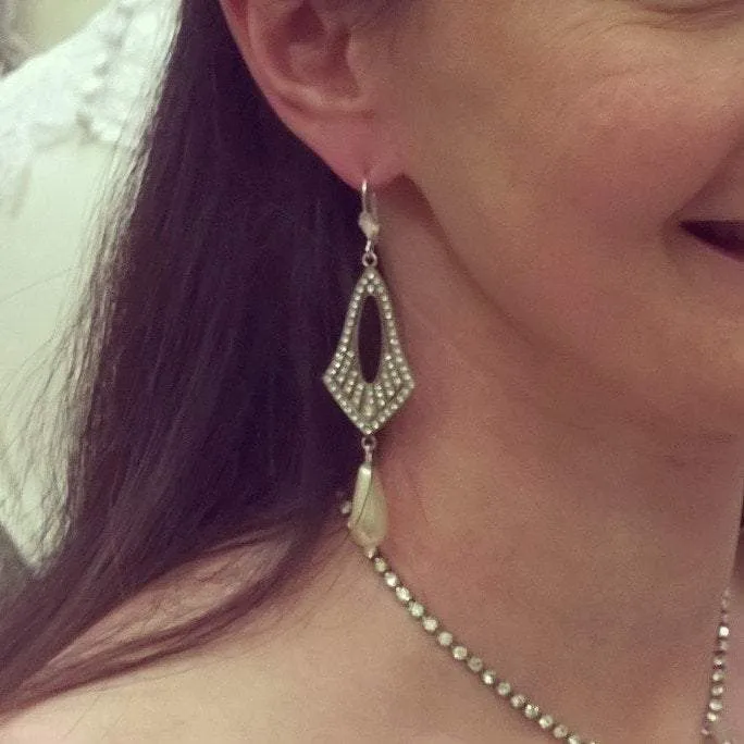 Art Deco Pearl Drop Hoop Earrings Vintage Bride  Wedding