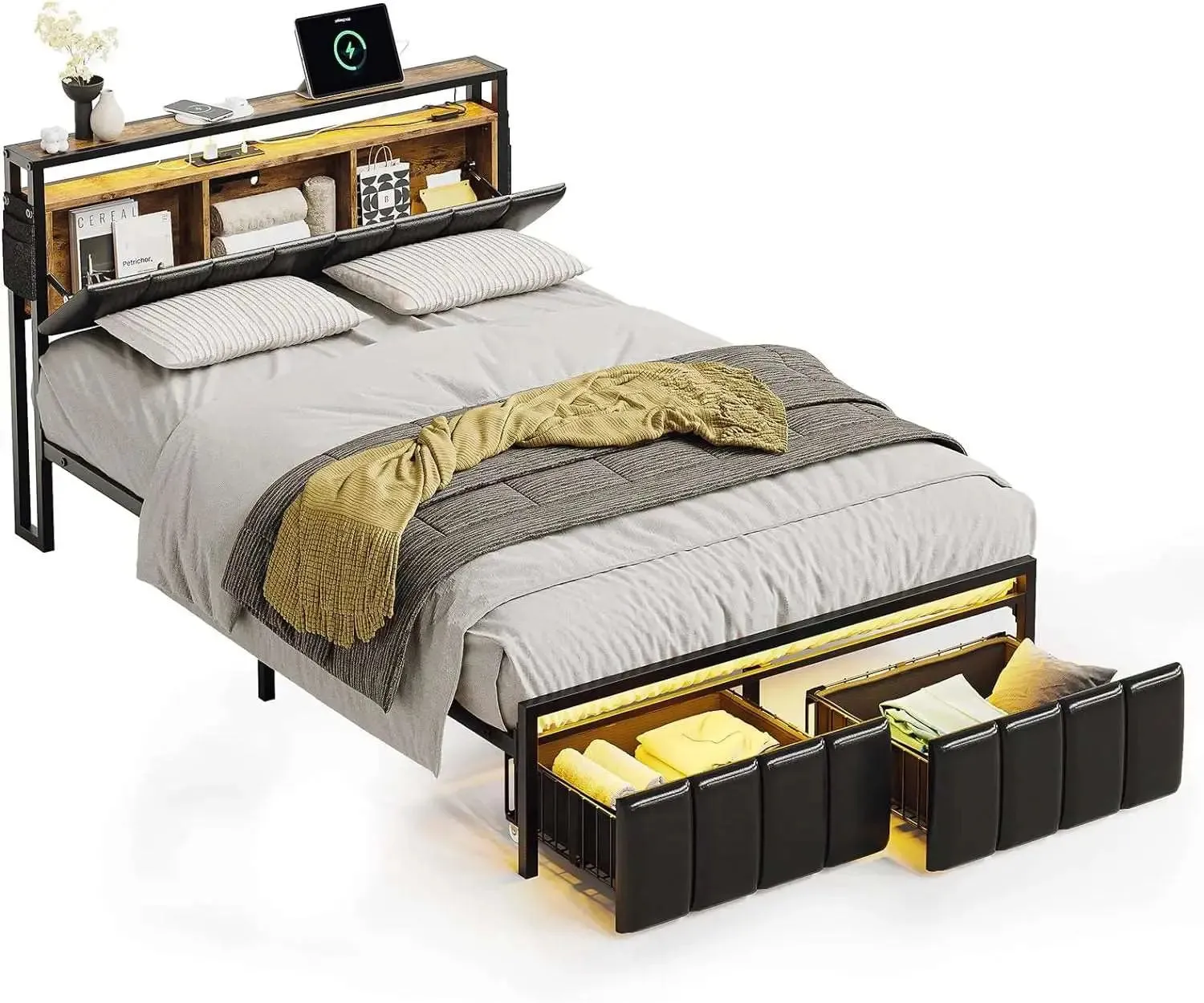 Bestier LED Bed Frame with Hidden Storage Headboard