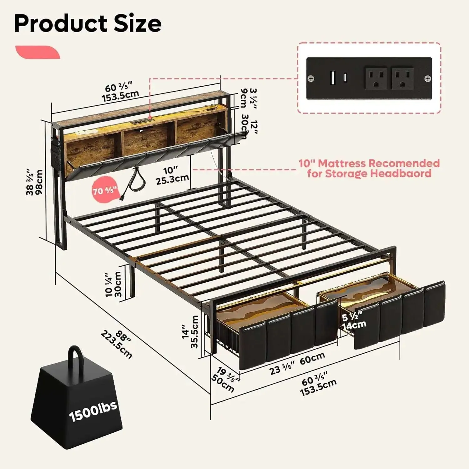 Bestier LED Bed Frame with Hidden Storage Headboard