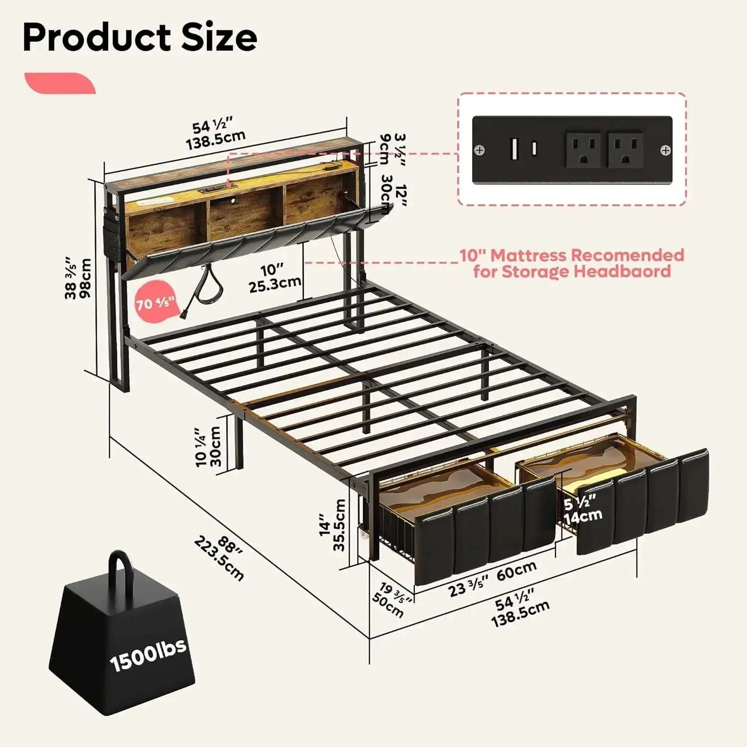 Bestier LED Bed Frame with Hidden Storage Headboard