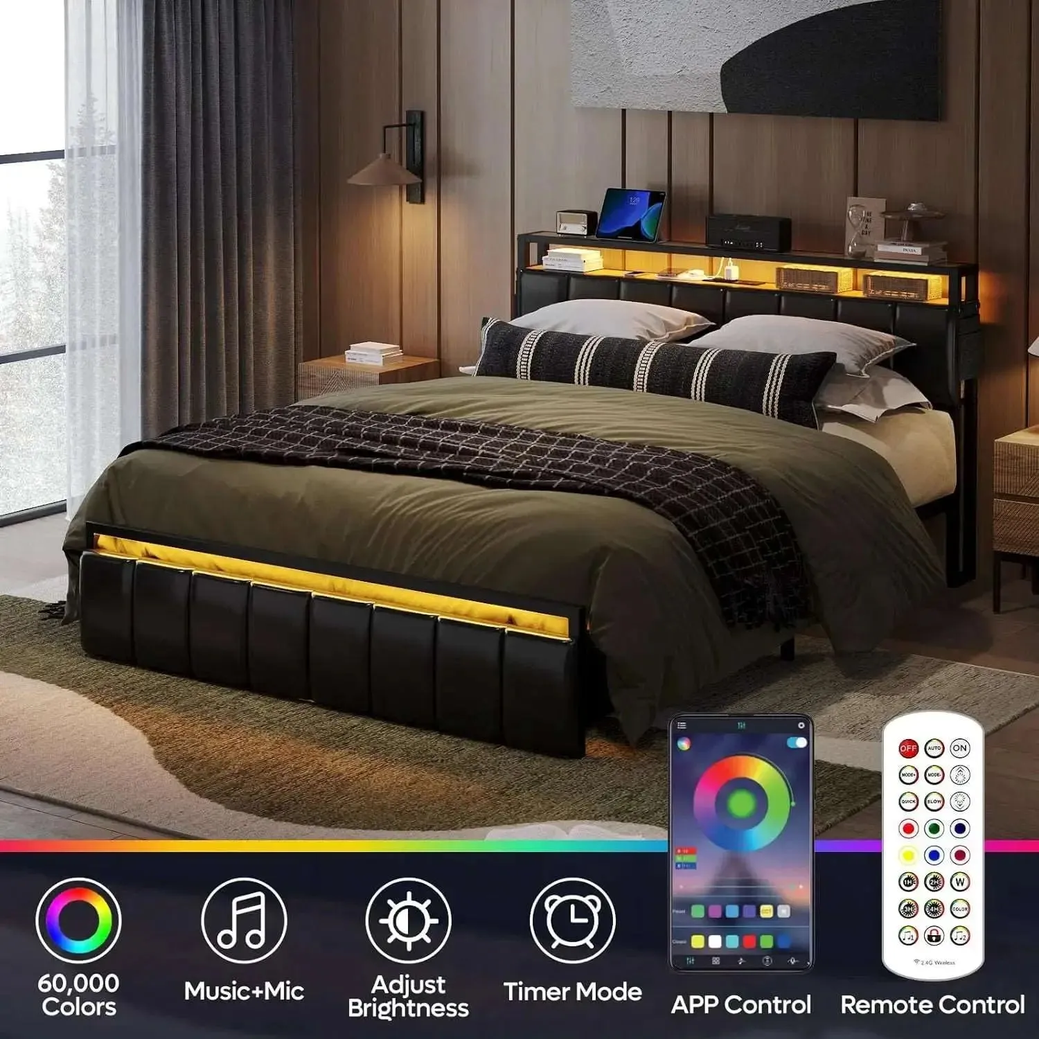 Bestier LED Bed Frame with Hidden Storage Headboard