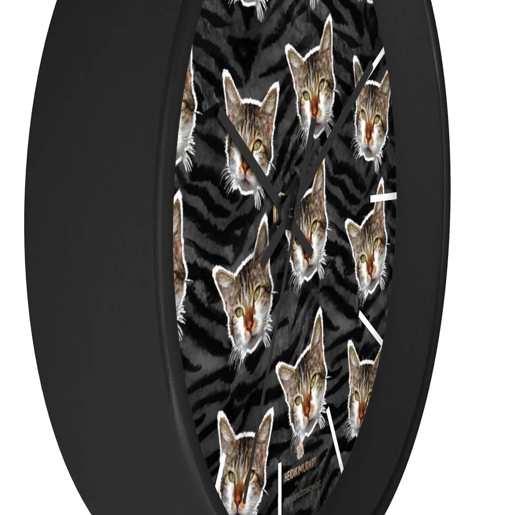Black Tiger Stripe Cat Print Clock, Large 10" Dia. Indoor Calico Cat Wall Clocks- Made in USA