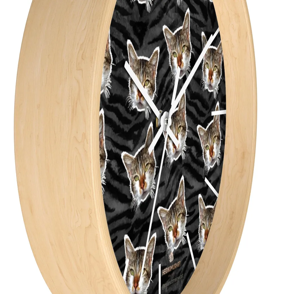 Black Tiger Stripe Cat Print Clock, Large 10" Dia. Indoor Calico Cat Wall Clocks- Made in USA