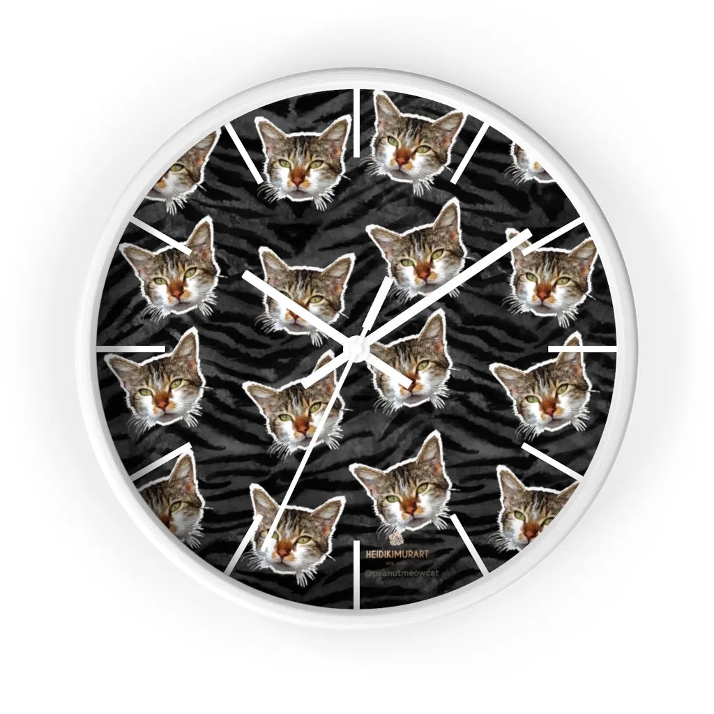 Black Tiger Stripe Cat Print Clock, Large 10" Dia. Indoor Calico Cat Wall Clocks- Made in USA