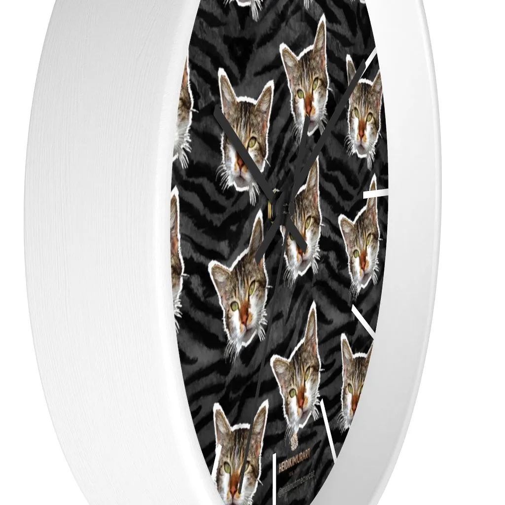 Black Tiger Stripe Cat Print Clock, Large 10" Dia. Indoor Calico Cat Wall Clocks- Made in USA