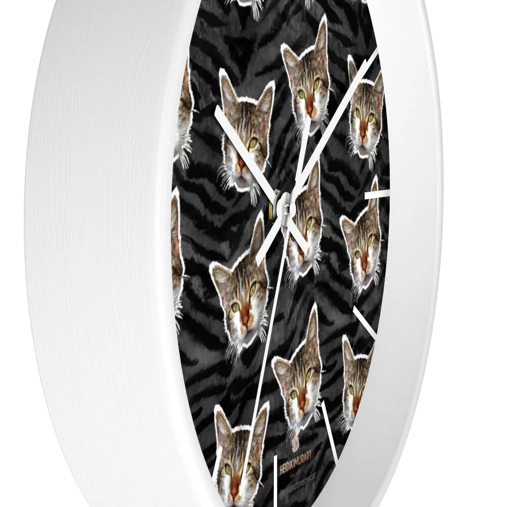 Black Tiger Stripe Cat Print Clock, Large 10" Dia. Indoor Calico Cat Wall Clocks- Made in USA