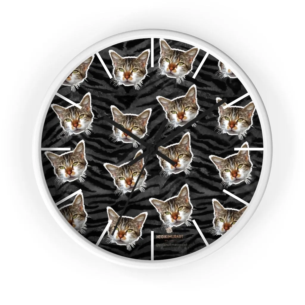 Black Tiger Stripe Cat Print Clock, Large 10" Dia. Indoor Calico Cat Wall Clocks- Made in USA