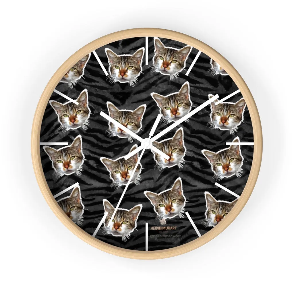 Black Tiger Stripe Cat Print Clock, Large 10" Dia. Indoor Calico Cat Wall Clocks- Made in USA