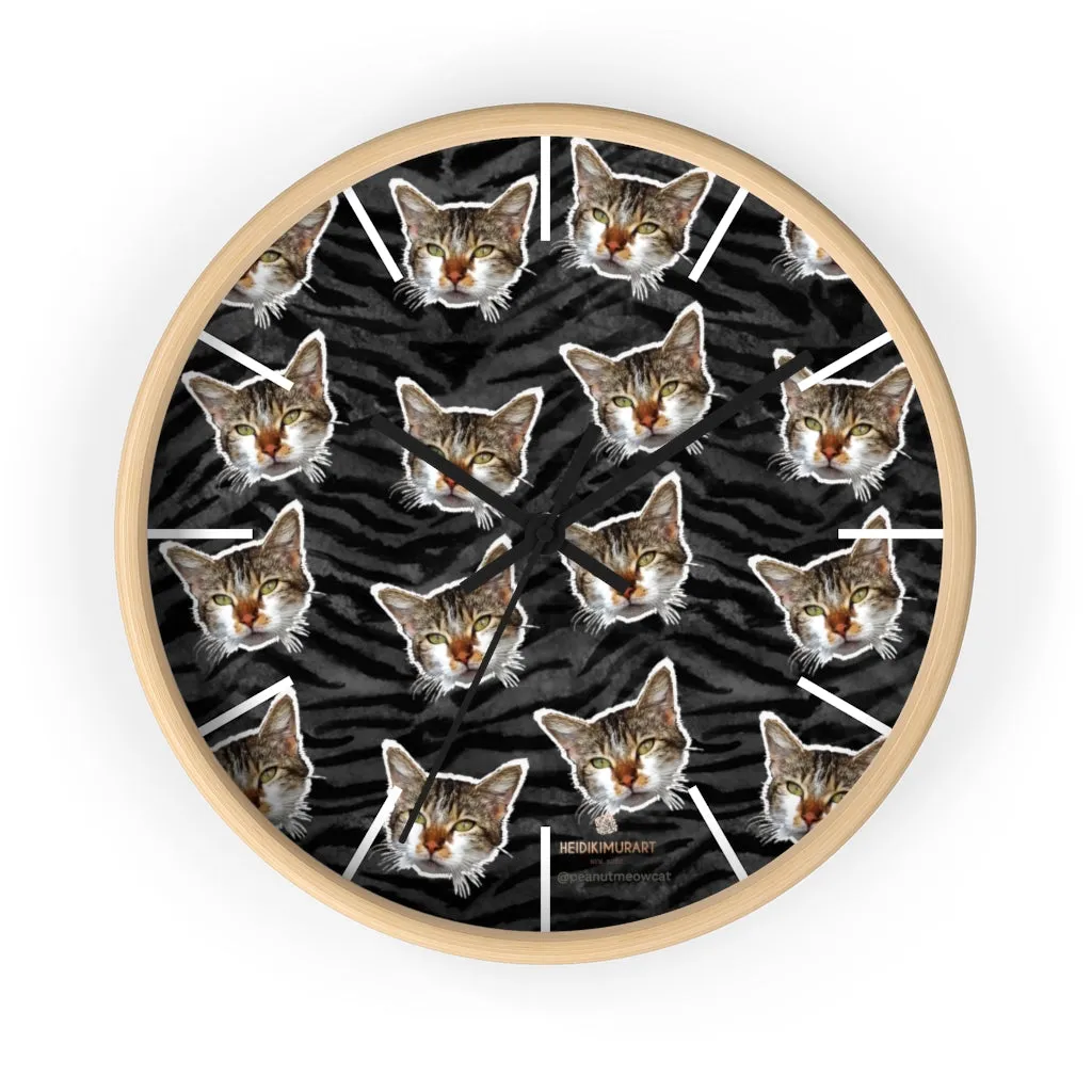 Black Tiger Stripe Cat Print Clock, Large 10" Dia. Indoor Calico Cat Wall Clocks- Made in USA