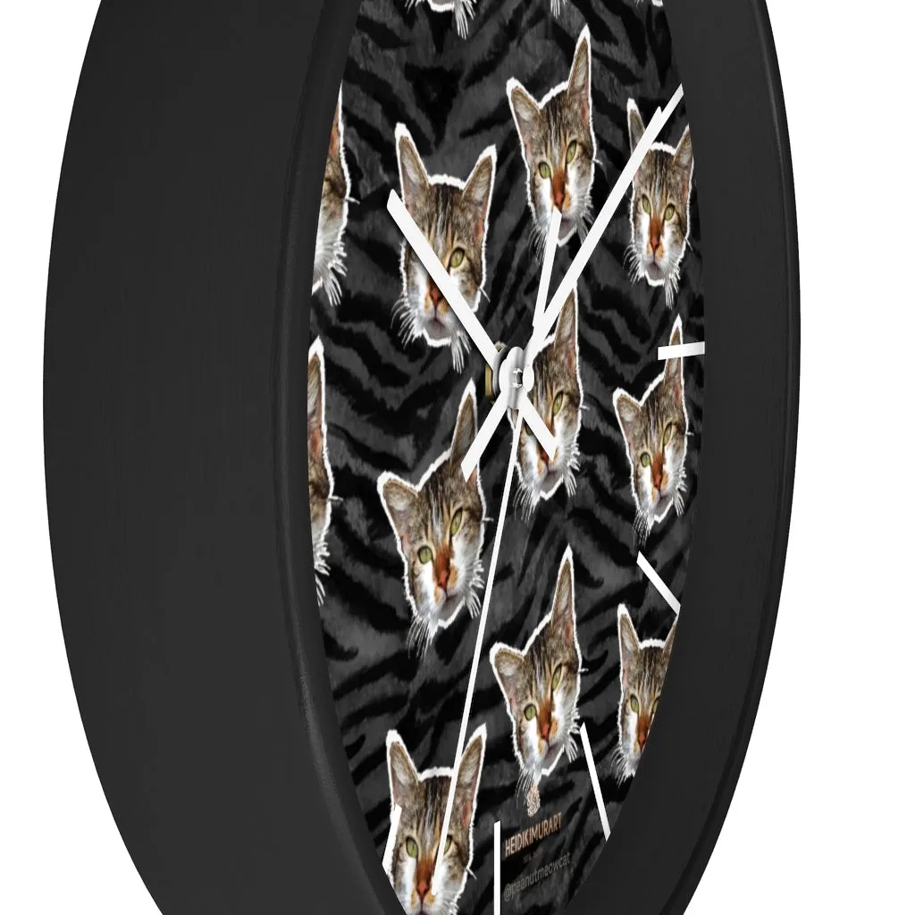 Black Tiger Stripe Cat Print Clock, Large 10" Dia. Indoor Calico Cat Wall Clocks- Made in USA
