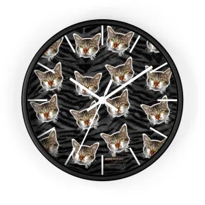 Black Tiger Stripe Cat Print Clock, Large 10" Dia. Indoor Calico Cat Wall Clocks- Made in USA