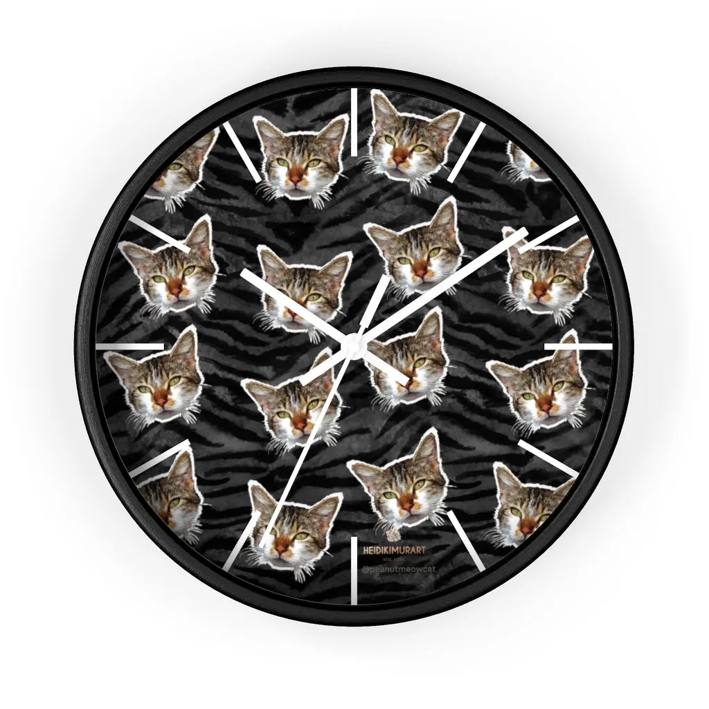 Black Tiger Stripe Cat Print Clock, Large 10" Dia. Indoor Calico Cat Wall Clocks- Made in USA