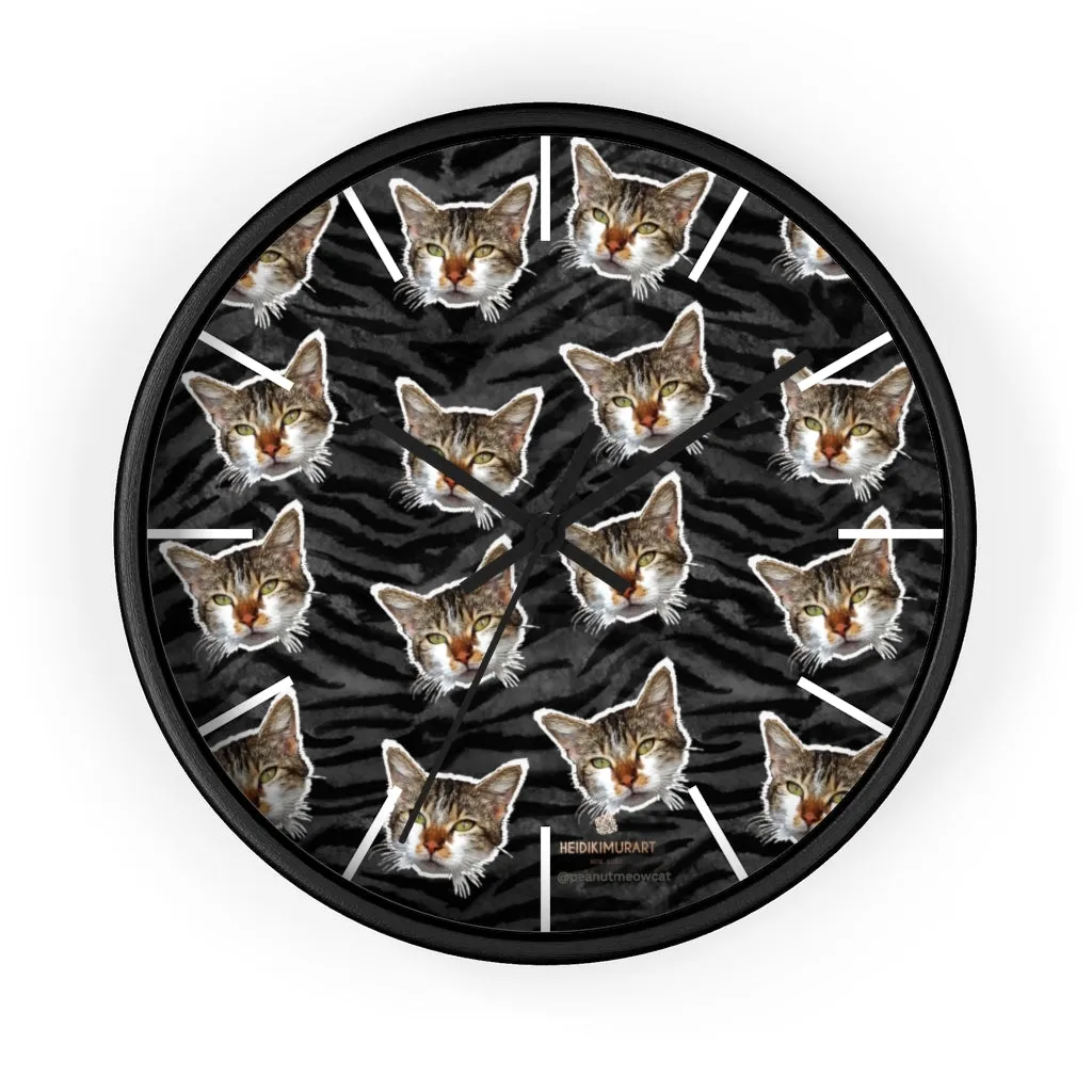 Black Tiger Stripe Cat Print Clock, Large 10" Dia. Indoor Calico Cat Wall Clocks- Made in USA