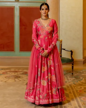 Blooming Pink Floral Printed Anarkali Set