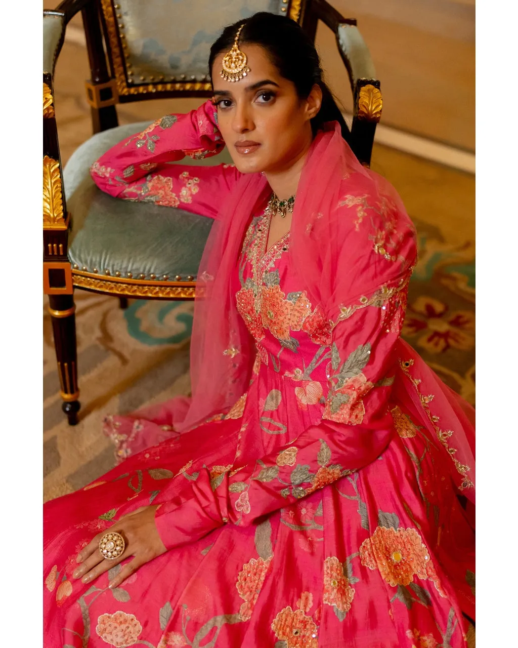 Blooming Pink Floral Printed Anarkali Set
