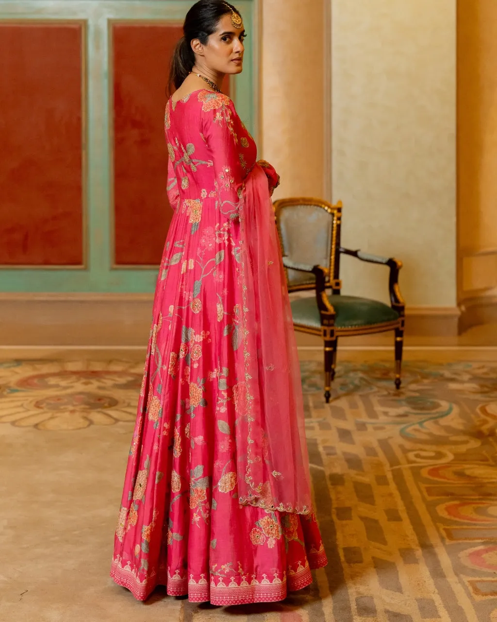 Blooming Pink Floral Printed Anarkali Set