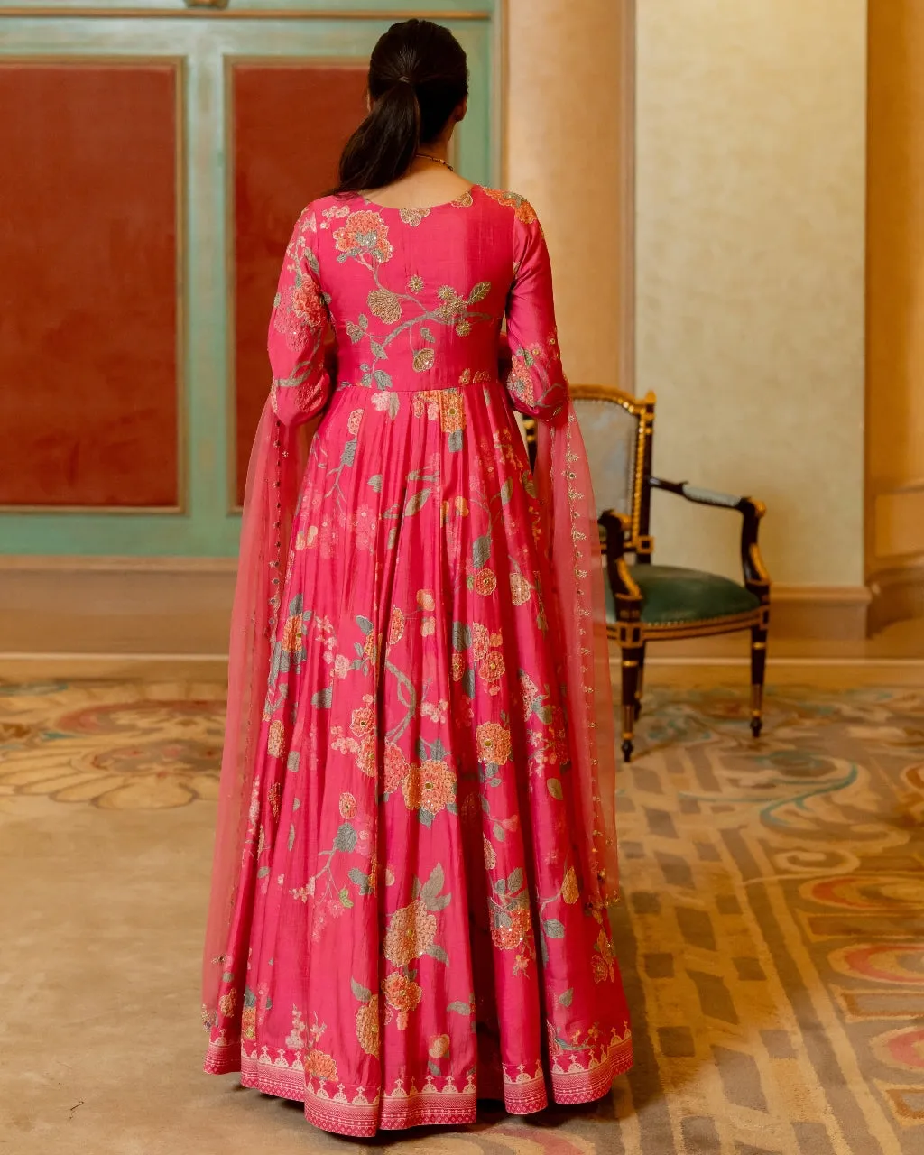 Blooming Pink Floral Printed Anarkali Set