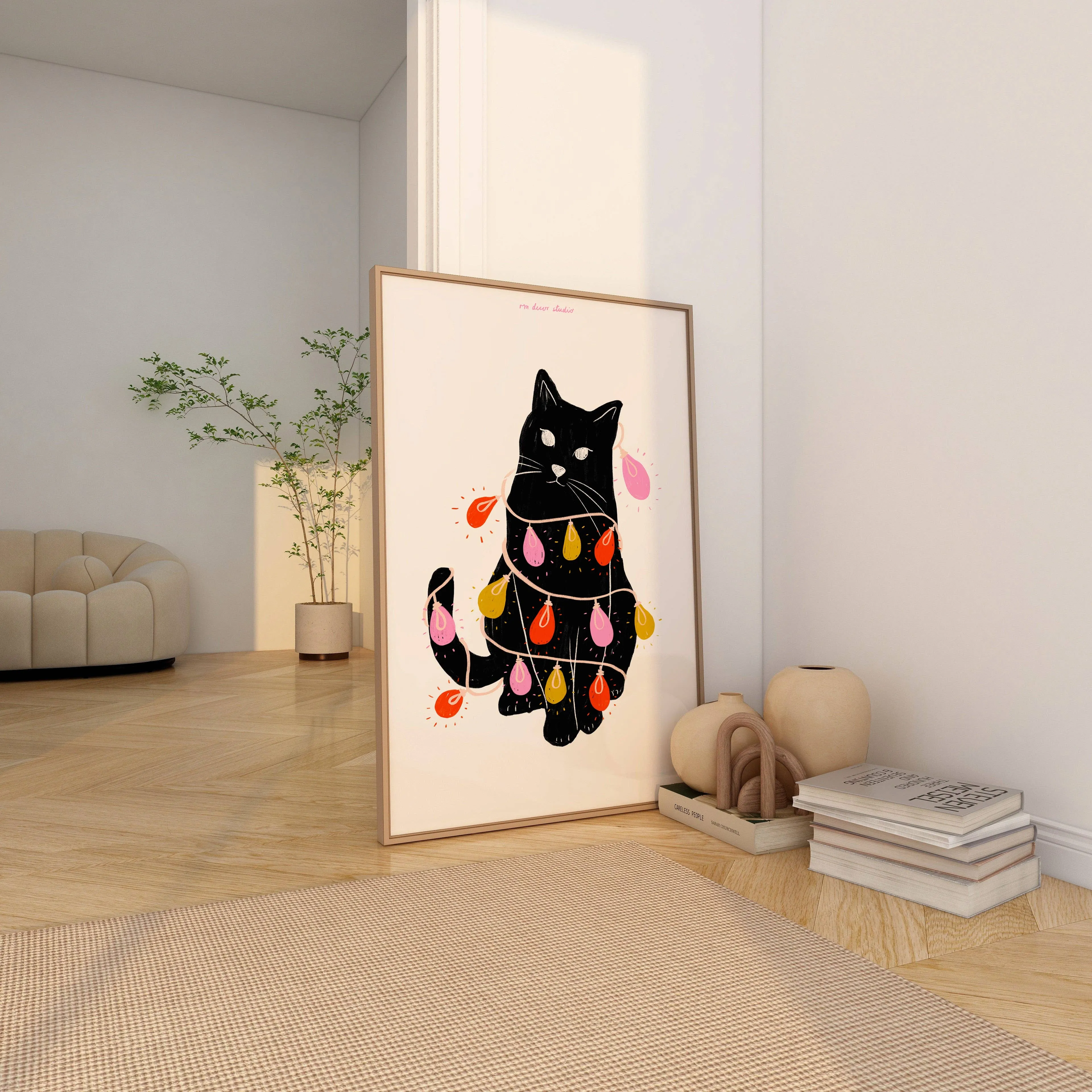 Cat Tangled in Christmas Lights Print