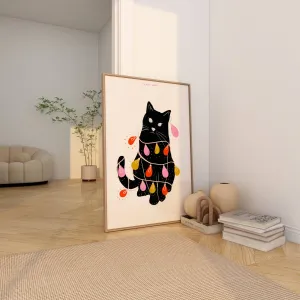 Cat Tangled in Christmas Lights Print
