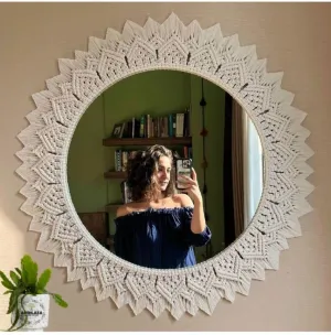 Crafty Creations Macrame Mirror Wall Hanging Décor Hand Crafted Unique Interior Mirrors Woven Artistic Accent Make-Up (Off-White)
