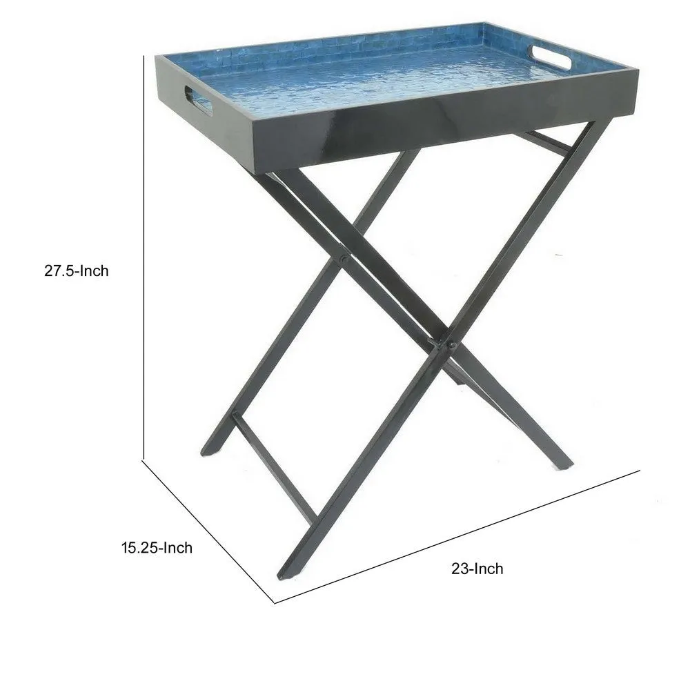 Dain 28 Inch Serving Tray Table, Foldable, Black Metal Stand, Blue Finish By Casagear Home
