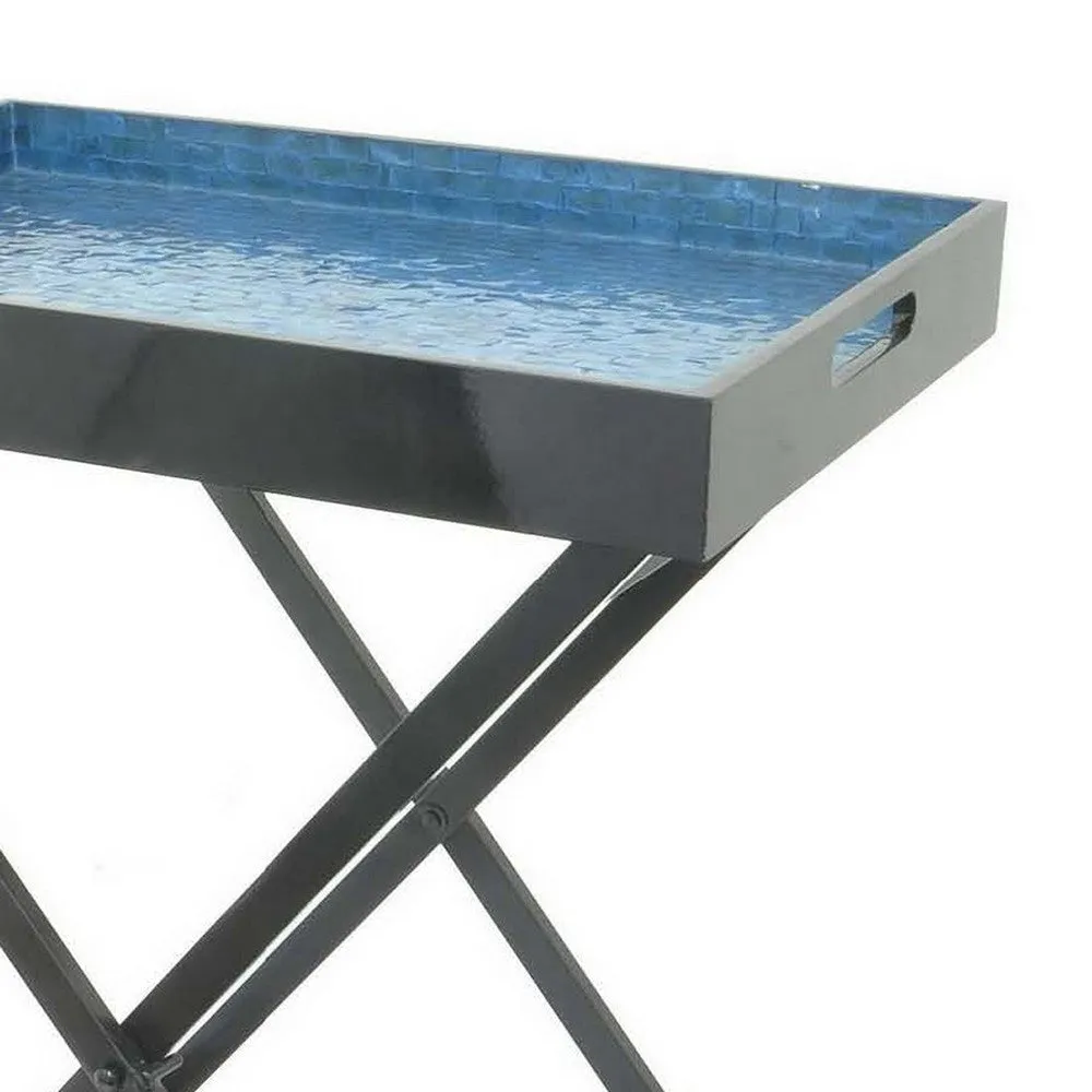 Dain 28 Inch Serving Tray Table, Foldable, Black Metal Stand, Blue Finish By Casagear Home