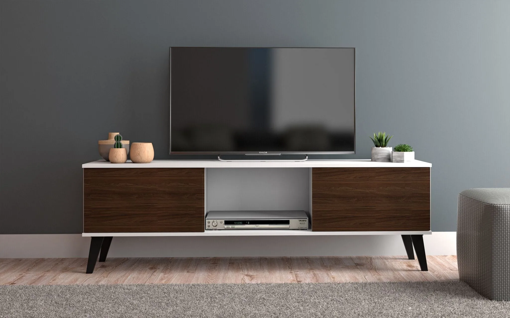 Doyers 53.15 Mid-Century Modern TV Stand in White and Nut Brown