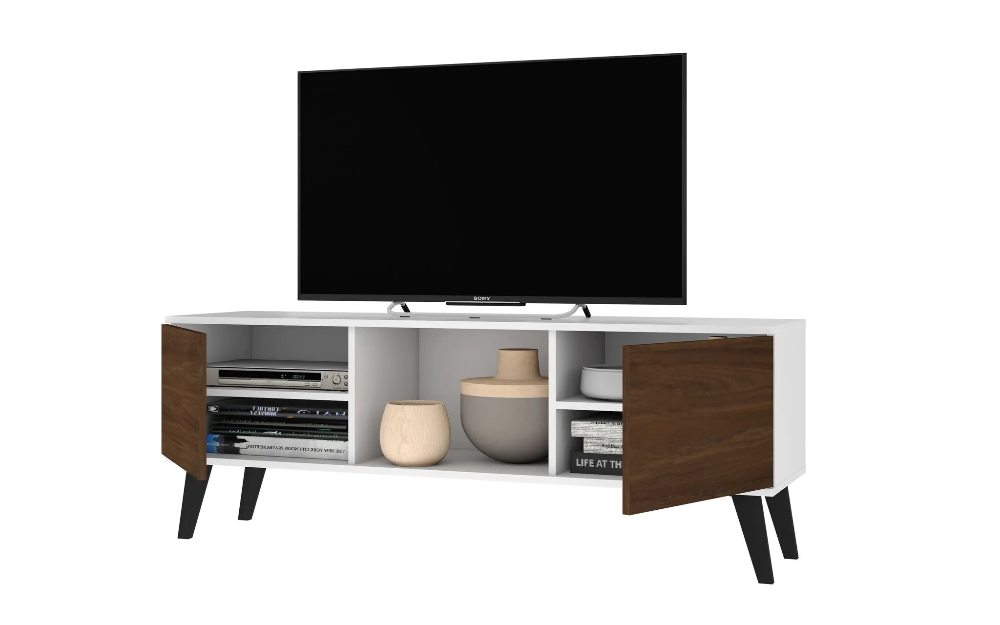Doyers 53.15 Mid-Century Modern TV Stand in White and Nut Brown
