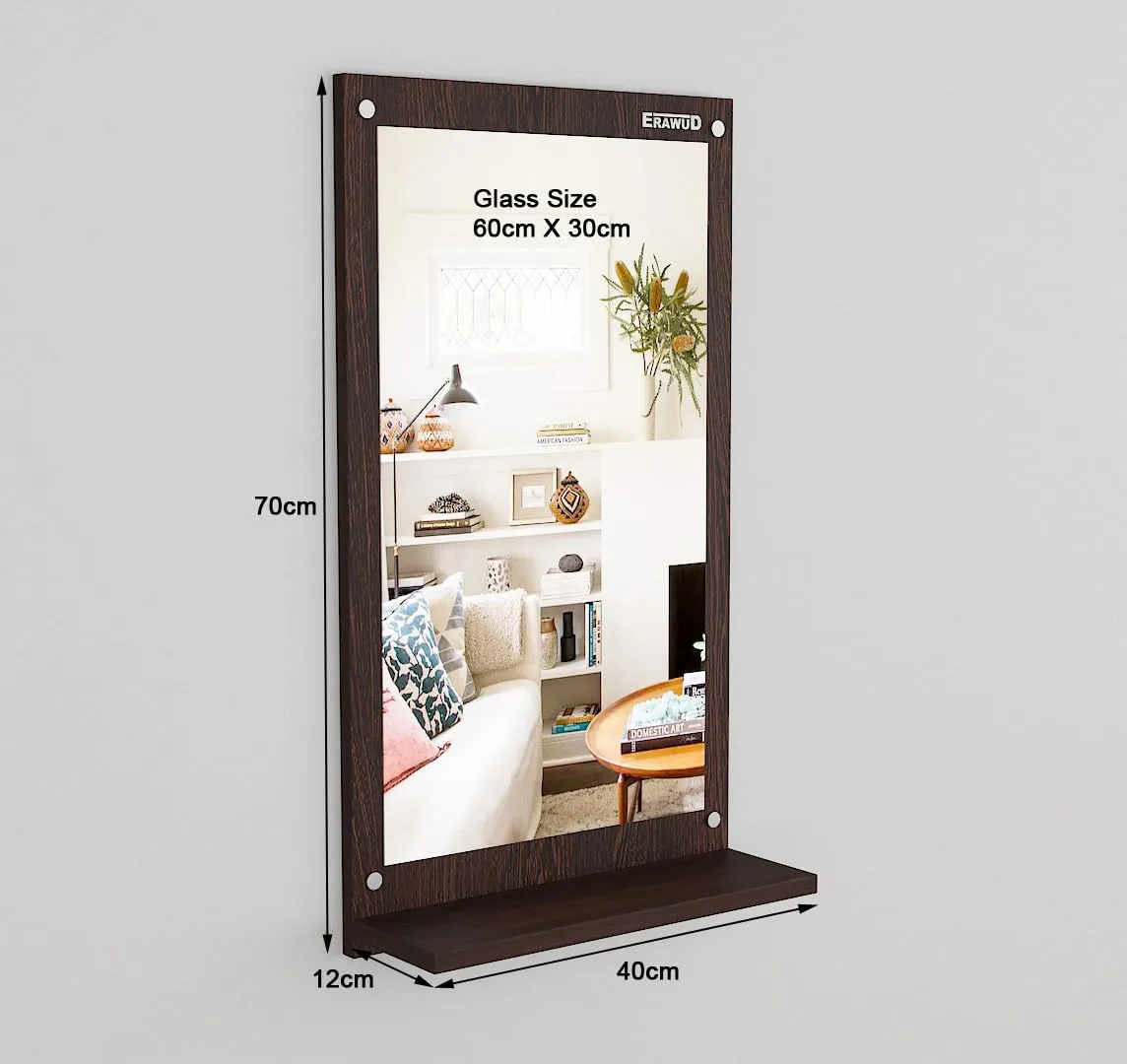 ERAWUD Wood Wall Mount Rectangular Wall Mirror 70 x 35 x 1.1 Cm with Shelves for Home Decor Engineered Wood - Wenge