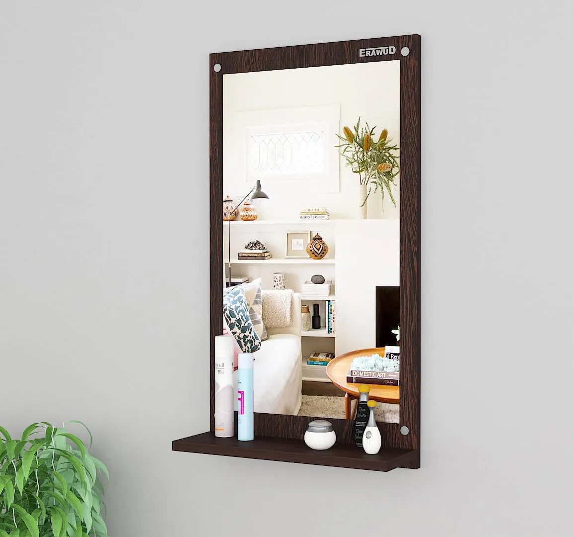 ERAWUD Wood Wall Mount Rectangular Wall Mirror 70 x 35 x 1.1 Cm with Shelves for Home Decor Engineered Wood - Wenge