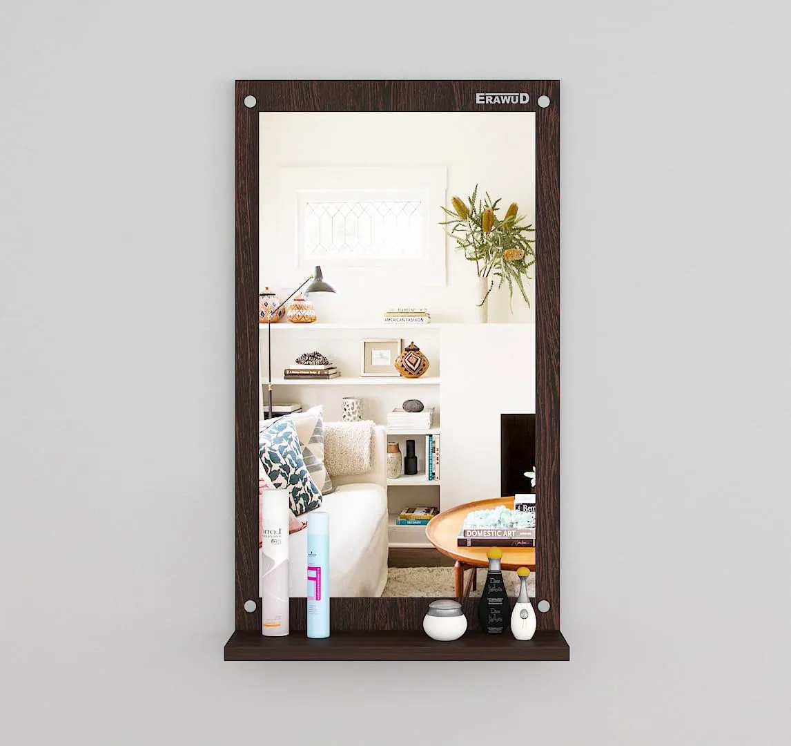 ERAWUD Wood Wall Mount Rectangular Wall Mirror 70 x 35 x 1.1 Cm with Shelves for Home Decor Engineered Wood - Wenge
