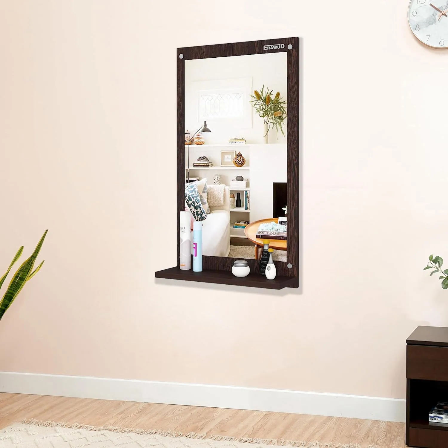 ERAWUD Wood Wall Mount Rectangular Wall Mirror 70 x 35 x 1.1 Cm with Shelves for Home Decor Engineered Wood - Wenge